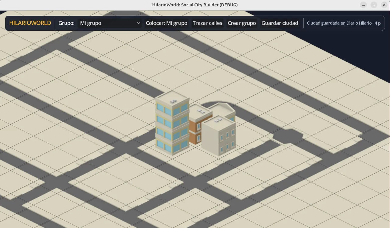 El editor de HilarioBuilder: cuadrícula isométrica con calles trazadas, un grupo de edificios colocados y la barra con «Trazar calles» y «Guardar ciudad»
