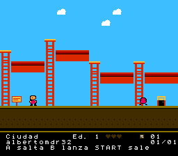 Un nivel de HilarioGame NES: plataformas, escaleras y el nombre del grupo en el marcador