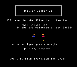 Pantalla de título de HilarioGame NES, con la fecha de la edición y la elección de personaje